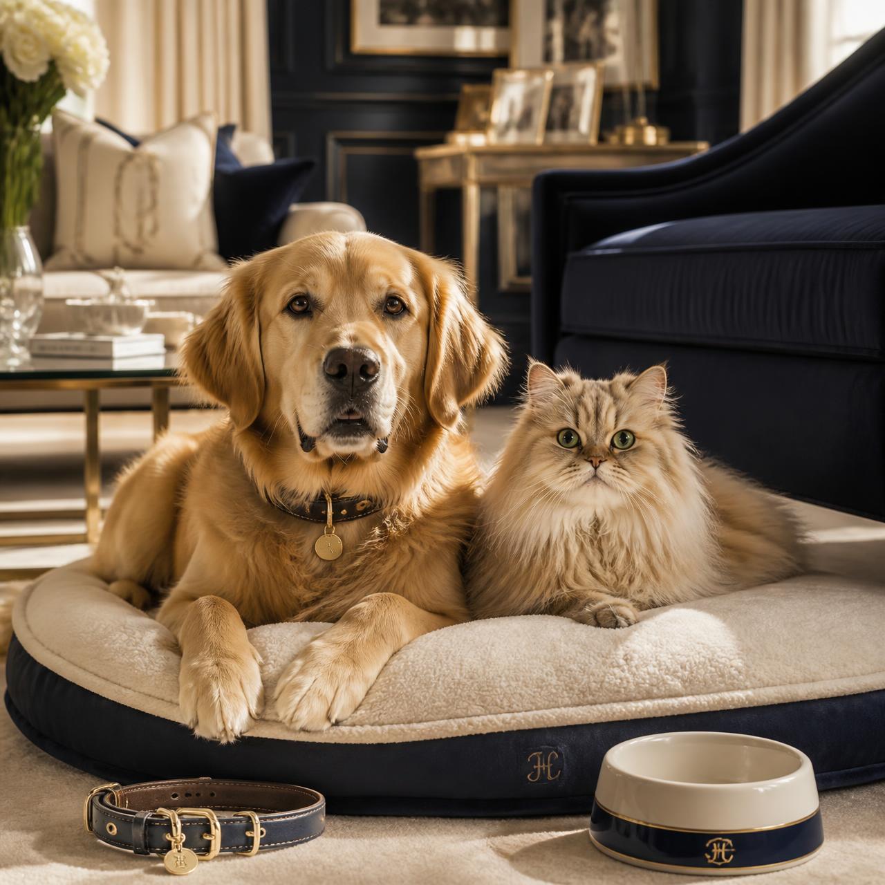 Golden retriever and a Persian cat in a designer living room